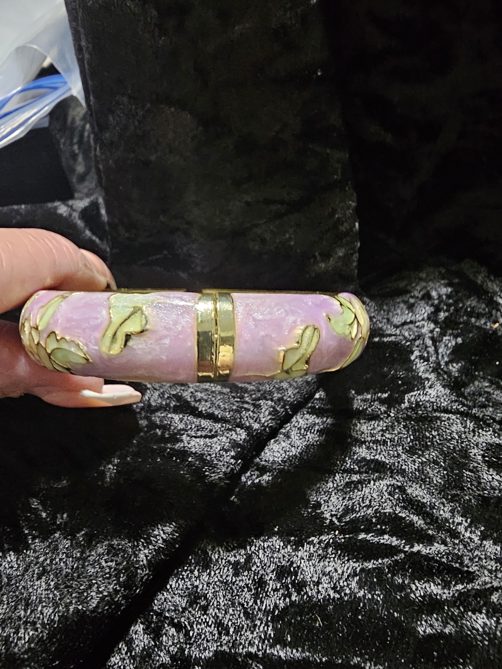 Pink Floral Cloisonné Bangle Bracelet with Gold Accents